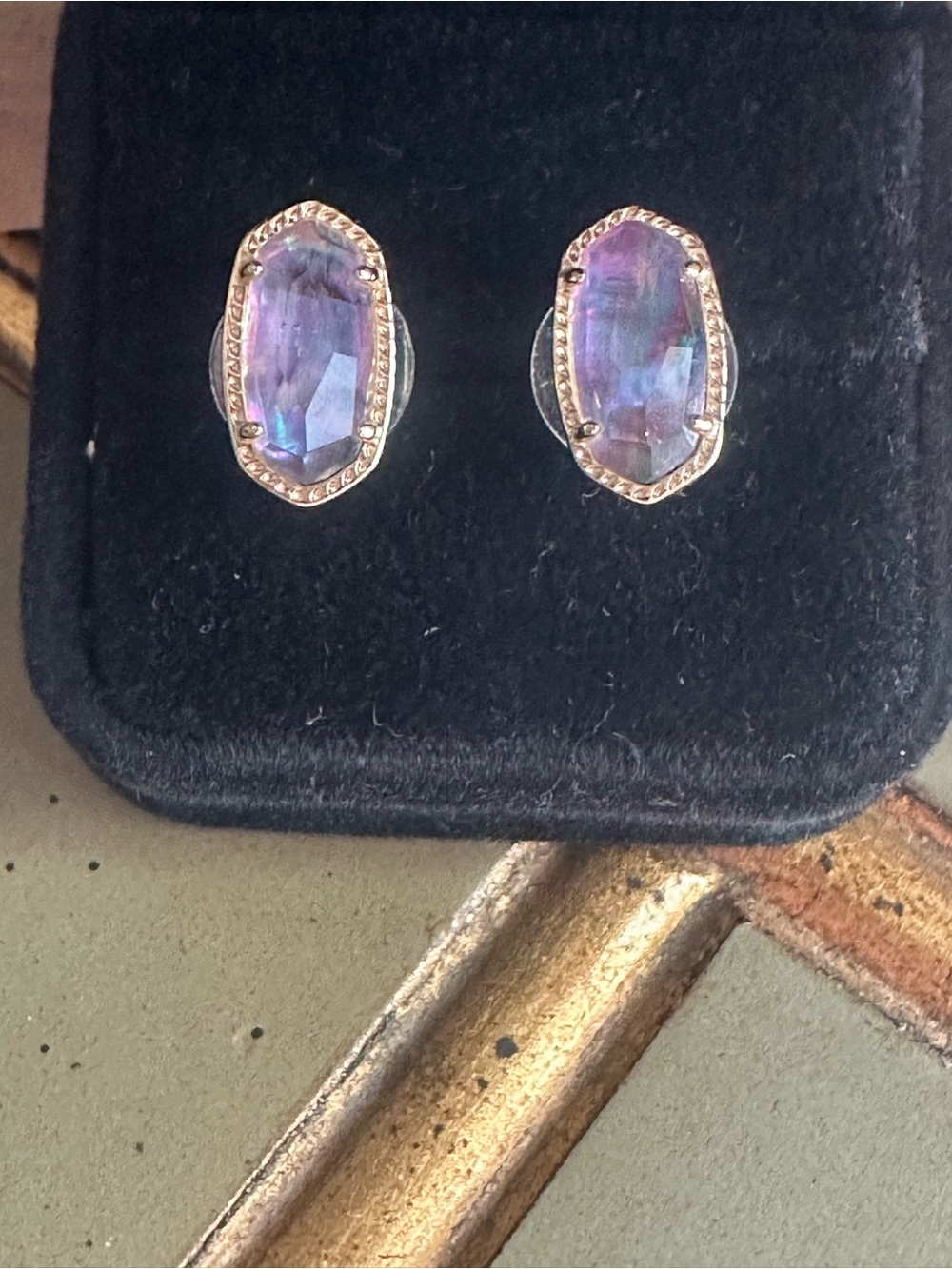 Kendra Scott Purple Opal Glass Stud Earrings with Gold Trim
